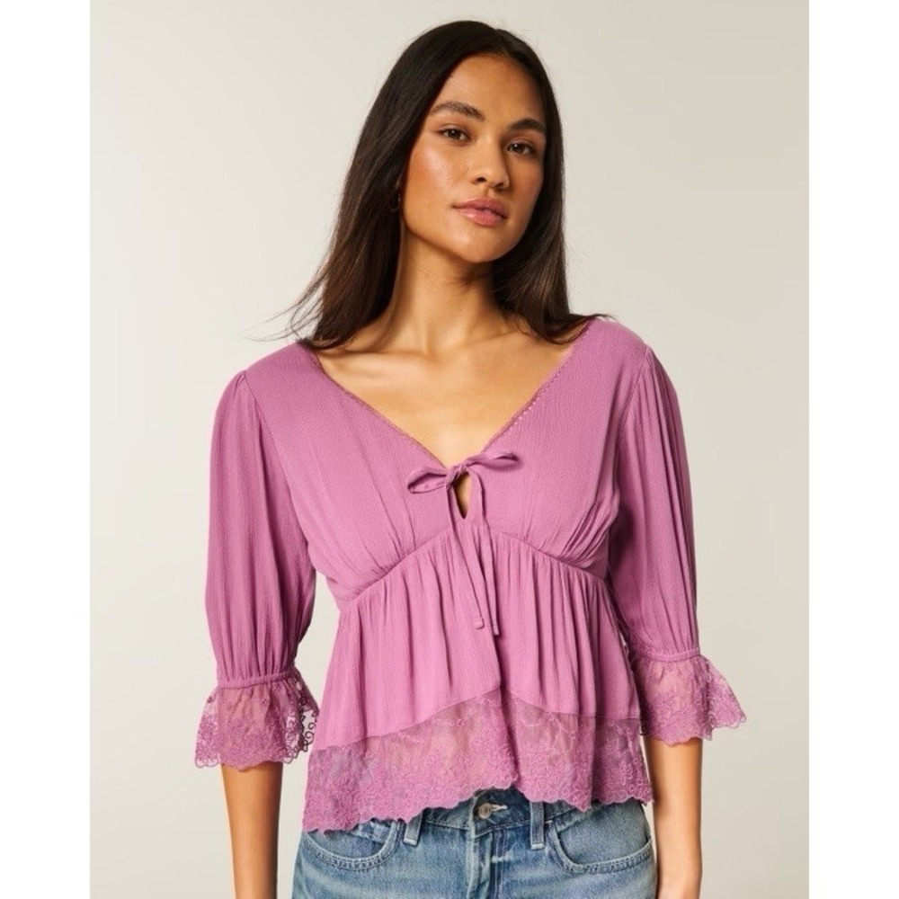 Hollister Mauve Boho Babydoll Top Lace Mesh Bell Sleeve Small Casual Cottagecore